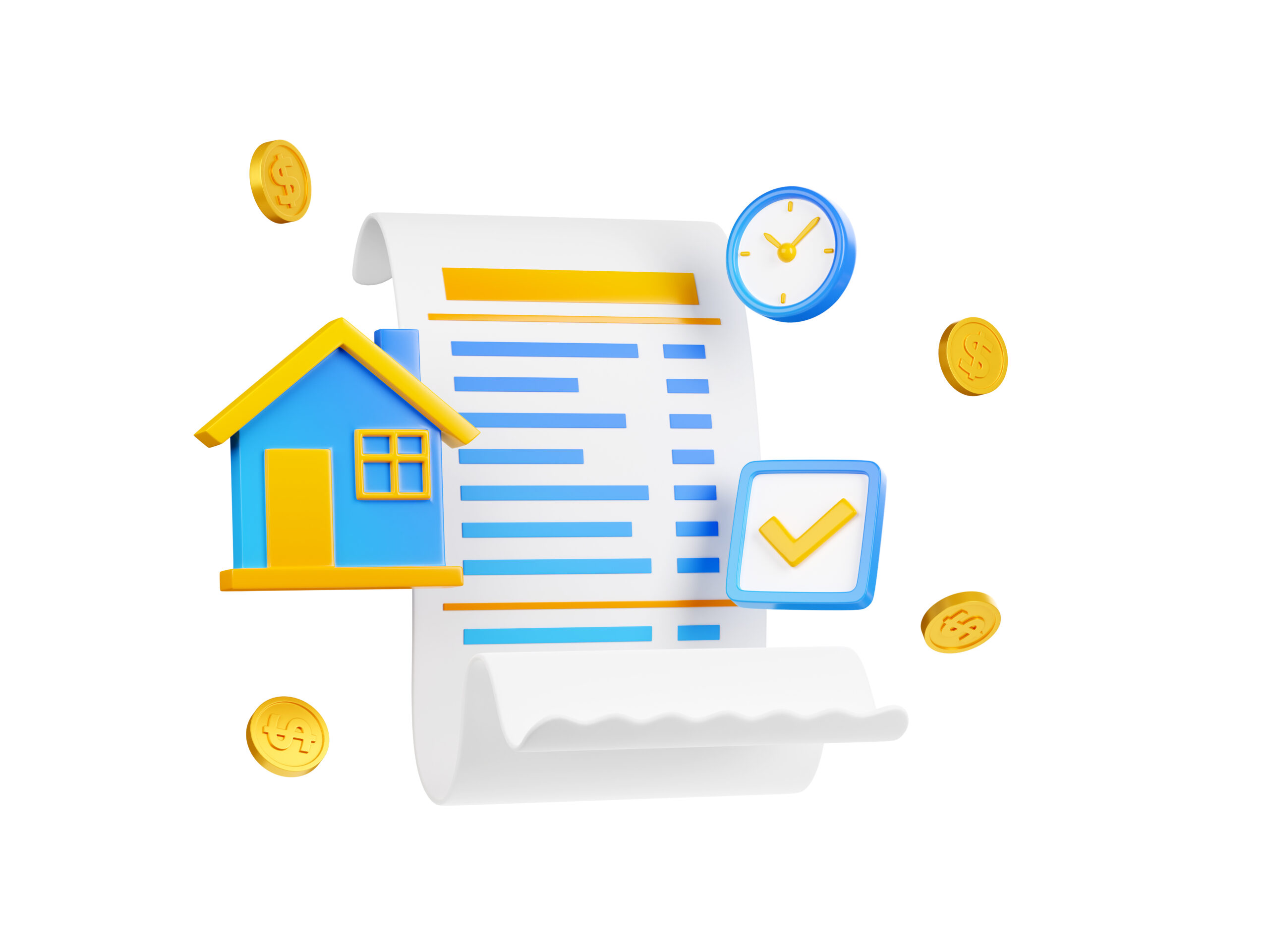 icon with 3d house, financial bill, clock, coins